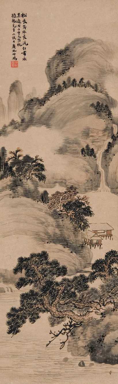 施翀鹏 戊子（1948年）作 松长茂水长流 立轴